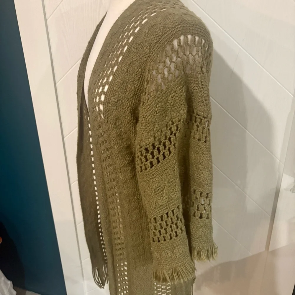 Olive green crochet boho fringe knit cardigan‎ ( small) festival / cottagecore - Picture 5 of 7